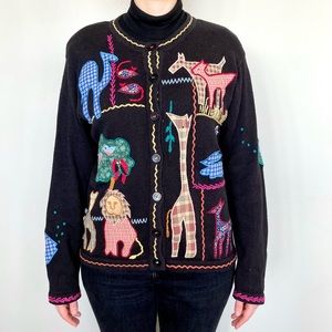 Vintage Susan Bristol handmade Noah’s Ark animal print cardigan sweater. 🖤